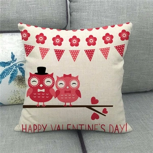 Linen Valentine's Day pillowcase featuring cartoon owls and festive Happy Valentine's Day text