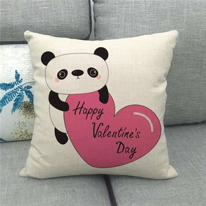 Linen Valentine's pillowcase with cartoon panda holding a pink heart on a sofa