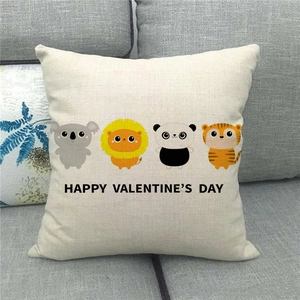 Detailed texture of linen pillowcase with cute cartoon animals and Valentine's text