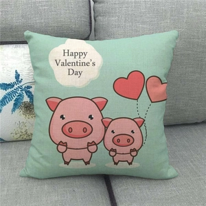 Detailed texture of linen Valentine's Day pillow cover with pink pigs and red balloons
