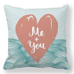 Romantic light blue pillowcase with pink heart and Me + You text for Valentine's Day decor