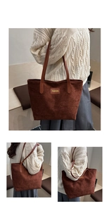 Detail der dunkelbraunen Shopper-Tasche aus Wildlederimitat mit aufgenähtem 'FASHION'-Etikett