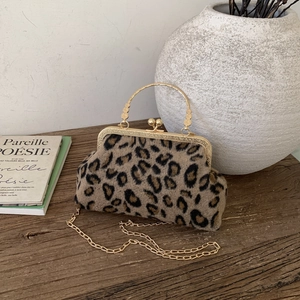 Retro leopard print shell bag with golden metal ring handle and chain strap for women