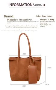 Detailed size specifications for the frosted PU tote bag and matching small pouch