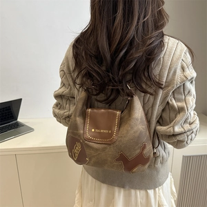 Retro hobo tote bag in brown vintage floral pattern with cute dog patch decoration