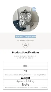 Detailed dimensions of silver quilted puffer backpack measuring 27cm x 11cm x 37cm