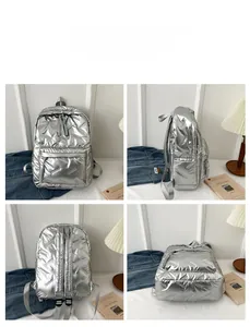 Quilted silver backpack detail showing front, side, and back views in a four-angle layout