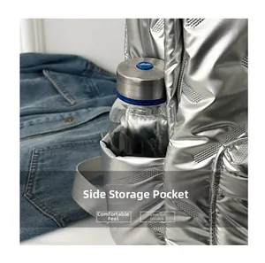Macro shot of side storage pocket on silver metallic quilted backpack with water bottle
