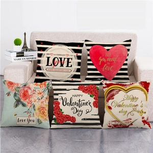 Housse De Coussin En Lin Pour La Saint Valentin Carré Motif Coeur Romantique Imprimé Amour Taie Oreiller Décorative Sofa