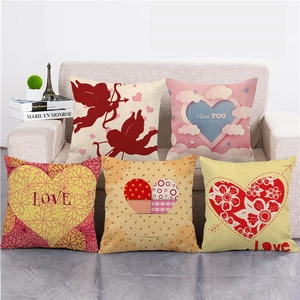 Set of 5 linen Valentine's Day pillow covers with romantic Cupid and heart motifs