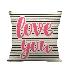 Taie d'oreiller carrée en lin à rayures noires et blanches avec motif Love You rose