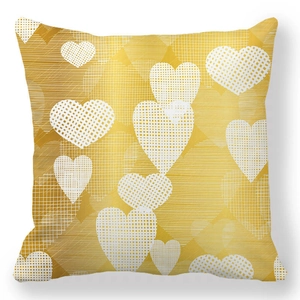 Detail of square gold peach skin pillowcase featuring white grid textured hearts