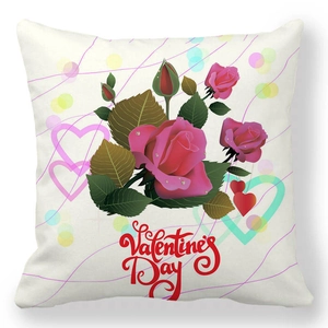 Detail of white peach skin pillowcase with pink roses and Valentine's Day lettering