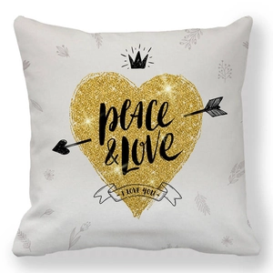 Detail of peace and love heart print with black crown on white peach skin pillowcase