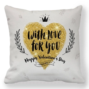 Detail of peach skin pillowcase with gold glitter heart and Happy Valentine's Day print