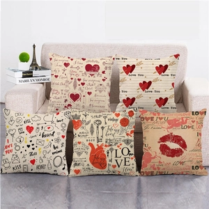 Valentine's Day Pillowcase Linen Cushion Cover Romantic Heart Love Theme Home Sofa Decor Square Case