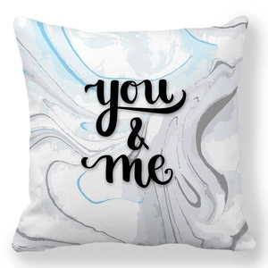 Detail showing the you and me typography on marble pattern peach skin pillowcase