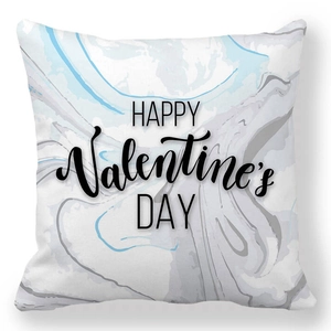 Detail of square peach skin pillowcase with blue-grey marble texture and Valentine text