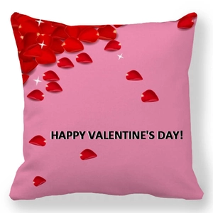 Detail showing Happy Valentine's Day text and rose petals on a pink pillowcase