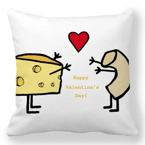 Detail of white square pillow cover featuring cute cheese and macaroni cartoon print