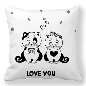 Detail of white square pillowcase with cartoon cats design and LOVE YOU text print
