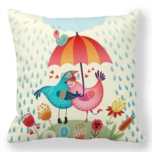 Detail of high-quality cartoon bird illustration on a peach skin fabric cushion cover