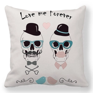 Detailed texture of white peach skin pillowcase with gothic skull couple and love text