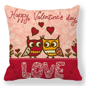 Valentine's Day pillowcase featuring cartoon owls, hearts, and Love text on peach skin fabric