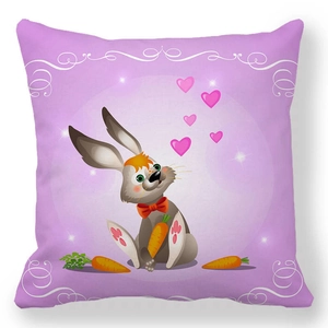 Detail of purple square pillowcase featuring cute cartoon bunny and heart illustrations
