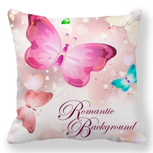 Detailed view of square pillowcase with pink butterfly print and Romantic Background text
