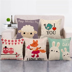 Set of 5 Happy Valentine's Day linen pillow covers with cute cartoon animal patterns