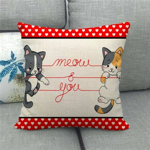 Linen Valentine's Day cushion cover with meow & you cats illustration on beige background