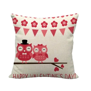 Linen Valentine's Day pillow cover with cute owls design and Happy Valentine's Day text