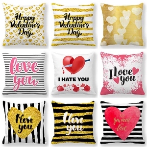 Valentine's Day Cushion Cover Linen Heart Love Print Square Pillowcase For Home Sofa Couch Decor Gift