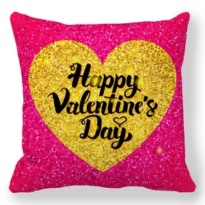 Pink glitter Happy Valentine's Day throw pillow cover with large golden heart design