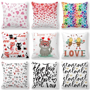 Valentine's Day Linen Cushion Cover Romantic Heart Pattern Cartoon Animal Print Decorative Square Pillowcase for Home Sofa Bedroom Decor