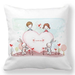 Detail of white peach skin pillowcase with I Love You heart and cartoon illustration