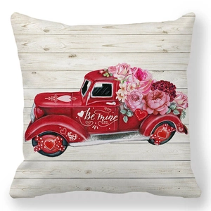 Detail of red vintage truck with roses and Be Mine text on peach skin pillowcase