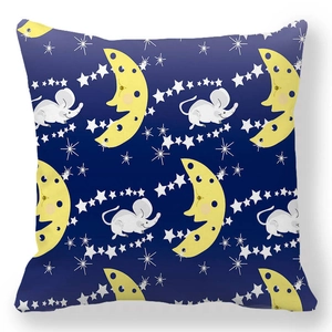 Detailed pattern of cheese moon and cartoon mouse on a dark blue peach skin pillowcase