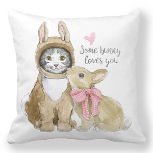 Detail view of peach skin pillowcase with cute bunny cat watercolor art and sweet text
