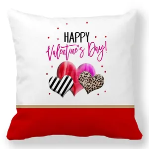 Detail of Happy Valentine's Day pillowcase featuring patchwork hearts and peach skin texture