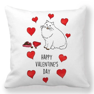 Detail of soft peach skin pillowcase with white cat, hearts and Valentine's Day text