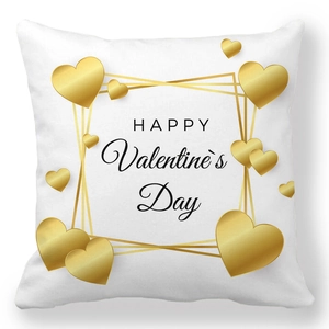 Detail view of Happy Valentine's Day throw pillow cover with golden hearts and geometric frame