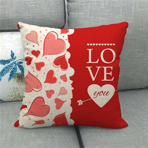 Linen valentine square pillow case with red white love heart and romantic lettering