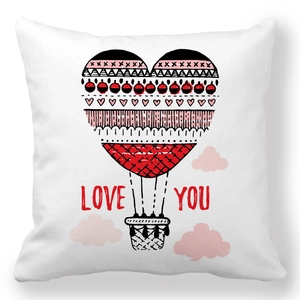 Detailed view of square peach skin pillowcase with heart-shaped hot air balloon print