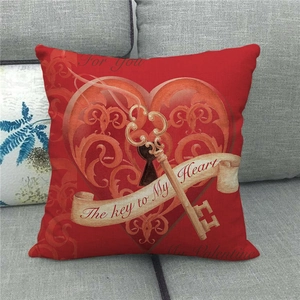 Linen Valentine cushion cover with 3D red heart and golden key on grey sofa