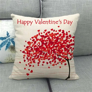 Linen Valentine's Day throw pillow cover with red heart tree and happy holiday quote