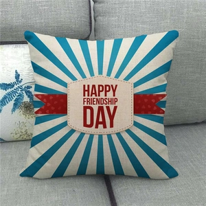 Detail of linen texture and Happy Friendship Day print on a square decorative pillowcase