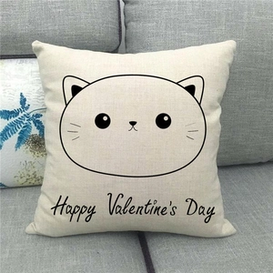 Linen Valentine's Day pillow cover with black cat sketch and Happy Valentine's Day text