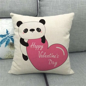 Linen Valentine's Day throw pillow cover featuring a cute panda holding a pink heart